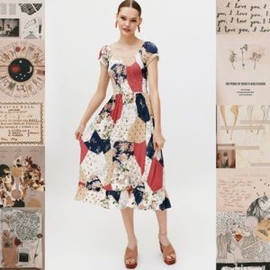 Urban Outfitters Tessie Patchwork Smocked Puff Sleeve Midi Dress UO Boho